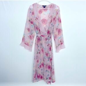 Halston Robe Women’s Sz 1X Gorgeous Pink Blue Yellow Floral Ruffled Sheer Midi